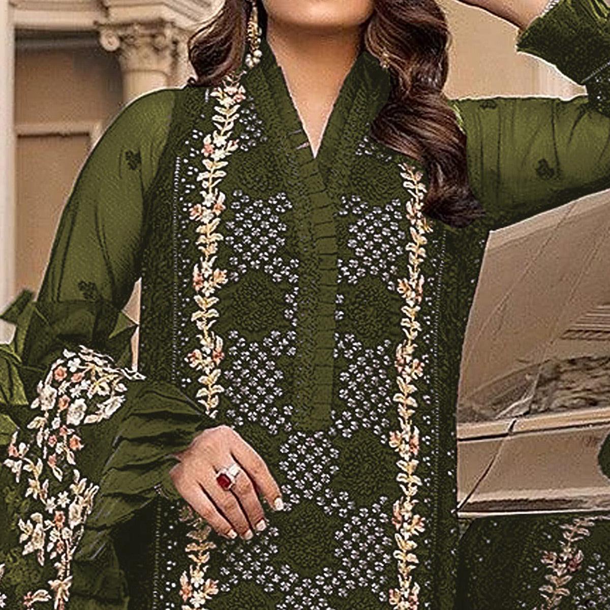 Mehndi Green Sequins With Floral Embroidered Georgette Pakistani Suit