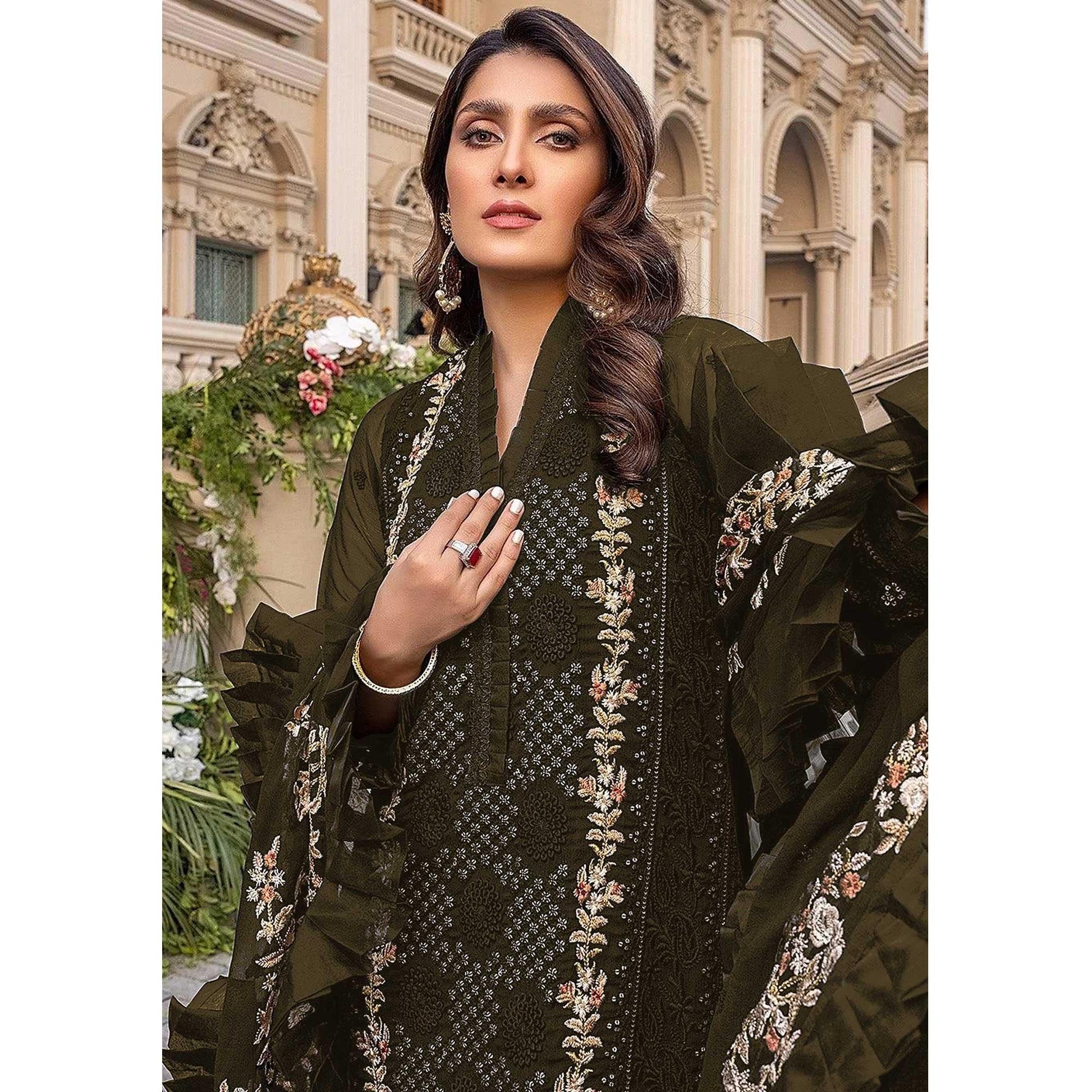 Mehndi Green Sequins With Floral Embroidered Georgette Pakistani Suit