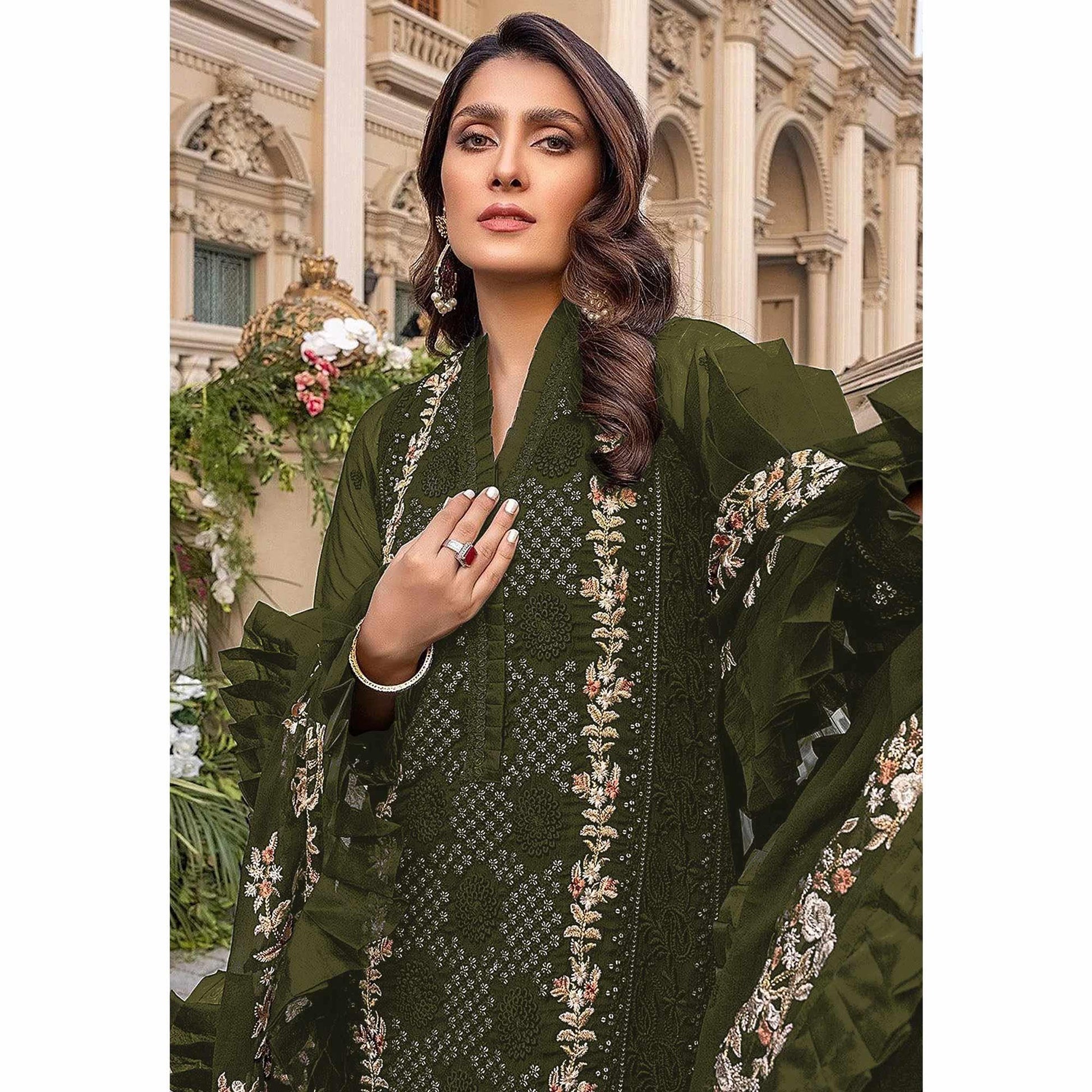 Mehndi Green Sequins With Floral Embroidered Georgette Pakistani Suit