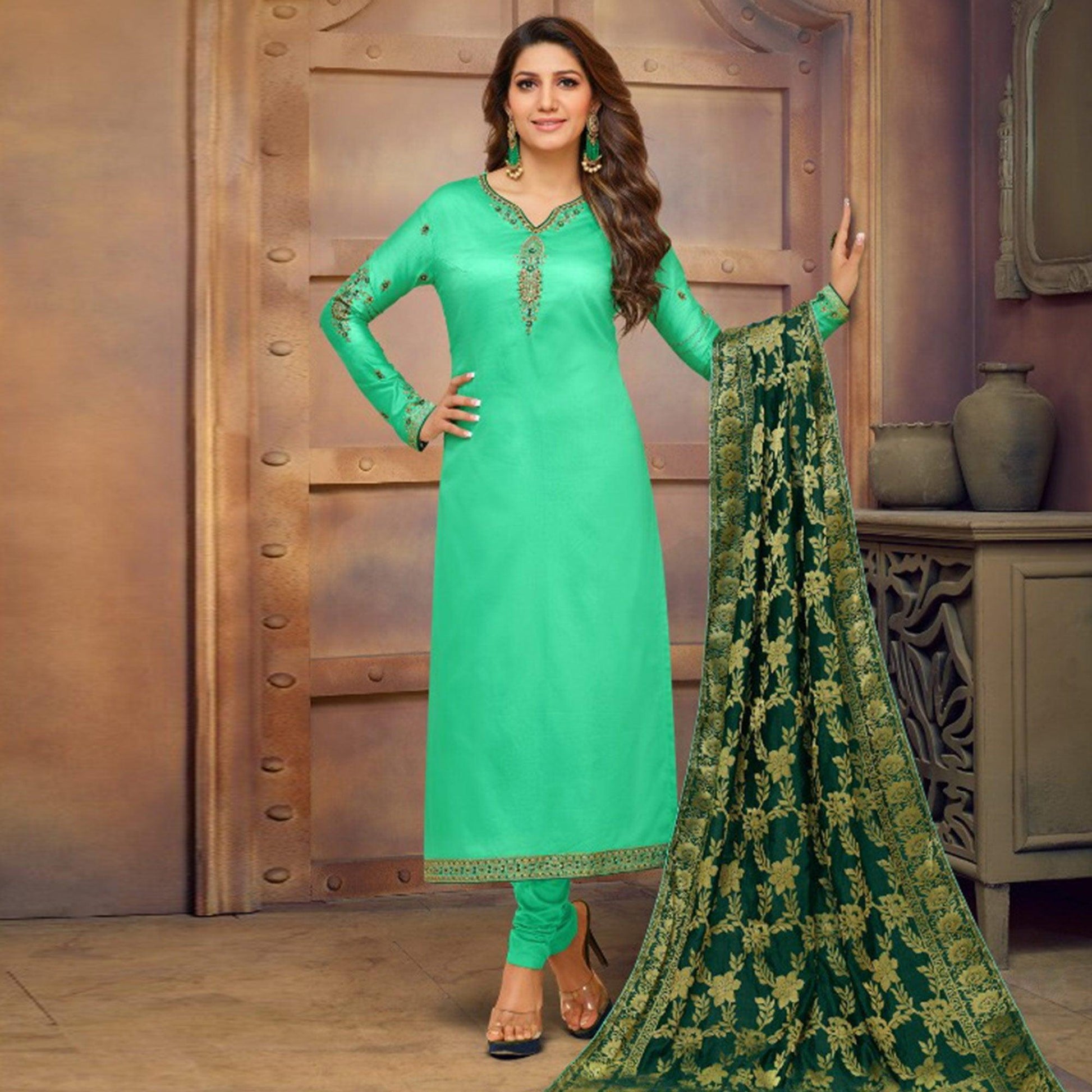 Mesmeric Aqua Green Colored Partywear Embroidered Jam Cotton Suit With Banarasi Silk Dupatta