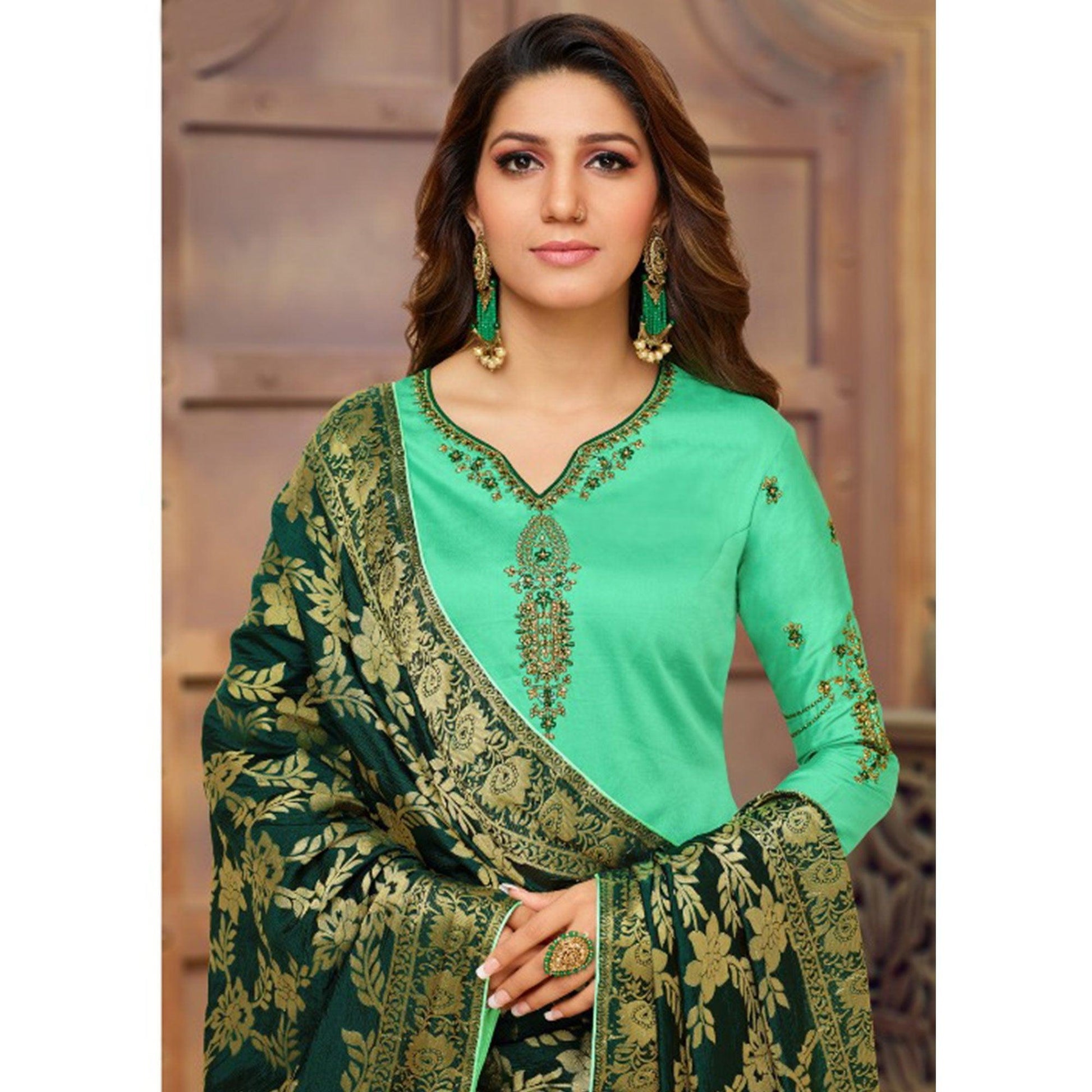 Mesmeric Aqua Green Colored Partywear Embroidered Jam Cotton Suit With Banarasi Silk Dupatta
