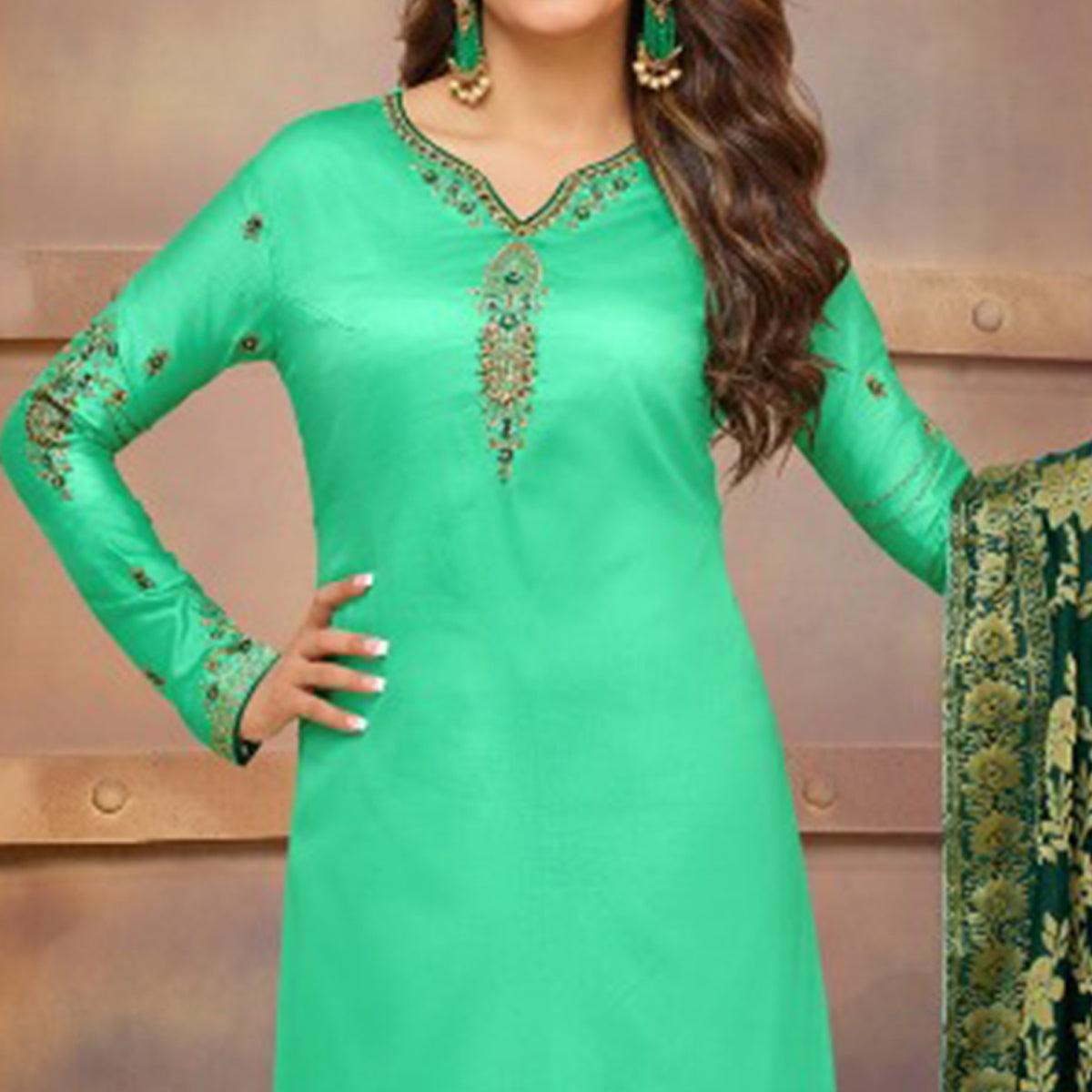Mesmeric Aqua Green Colored Partywear Embroidered Jam Cotton Suit With Banarasi Silk Dupatta