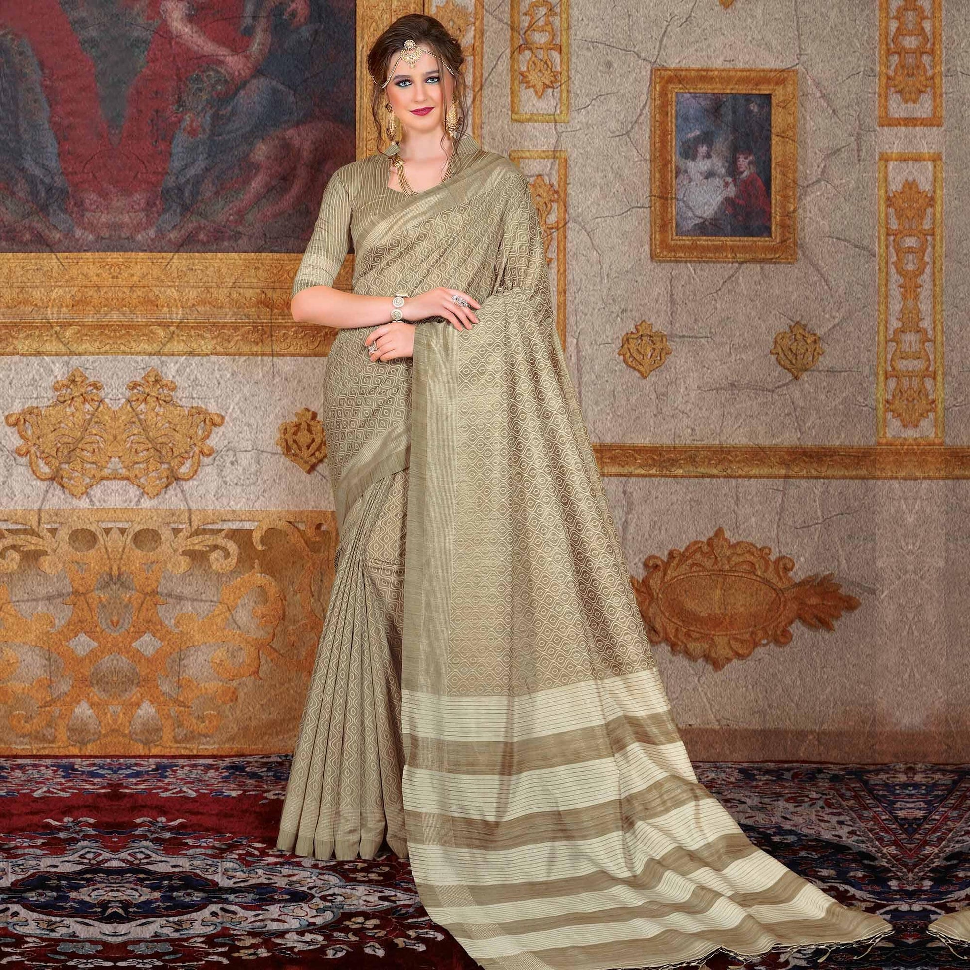 Mesmeric Beige Colored Festive Wear Printed Bhagalpuri Silk Saree