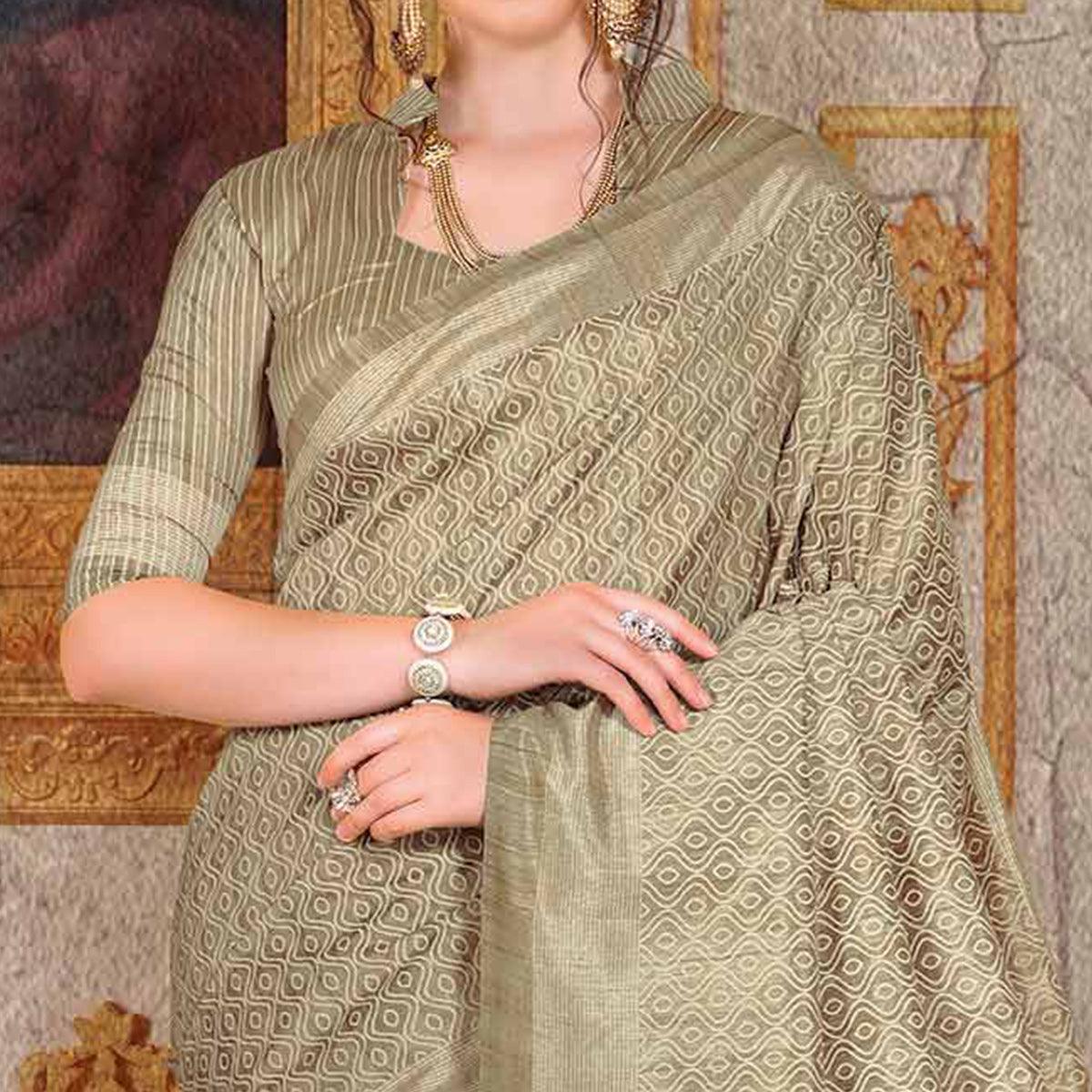 Mesmeric Beige Colored Festive Wear Printed Bhagalpuri Silk Saree