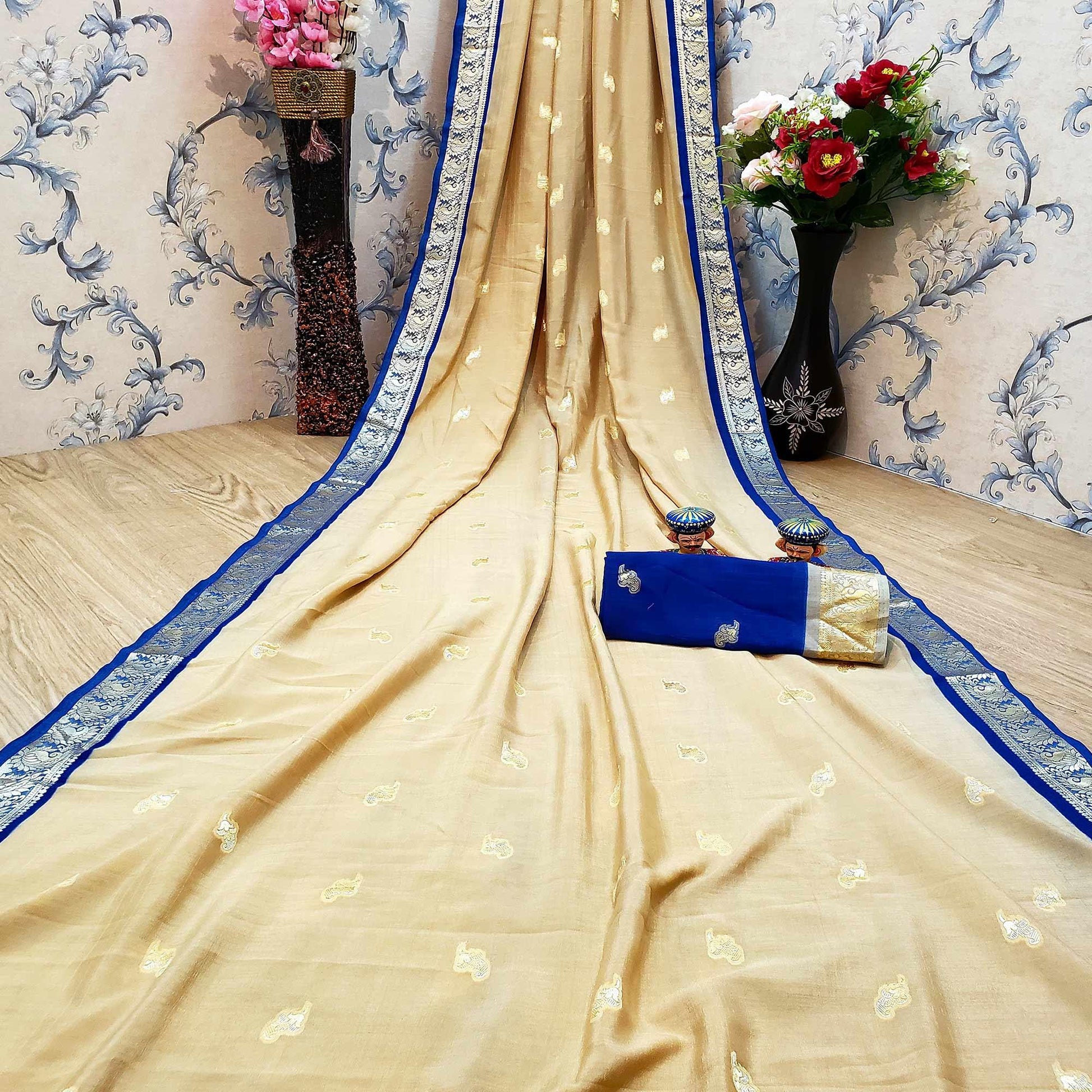 Mesmeric Beige Colored Festive Wear Woven Soft Vichitra Silk Saree