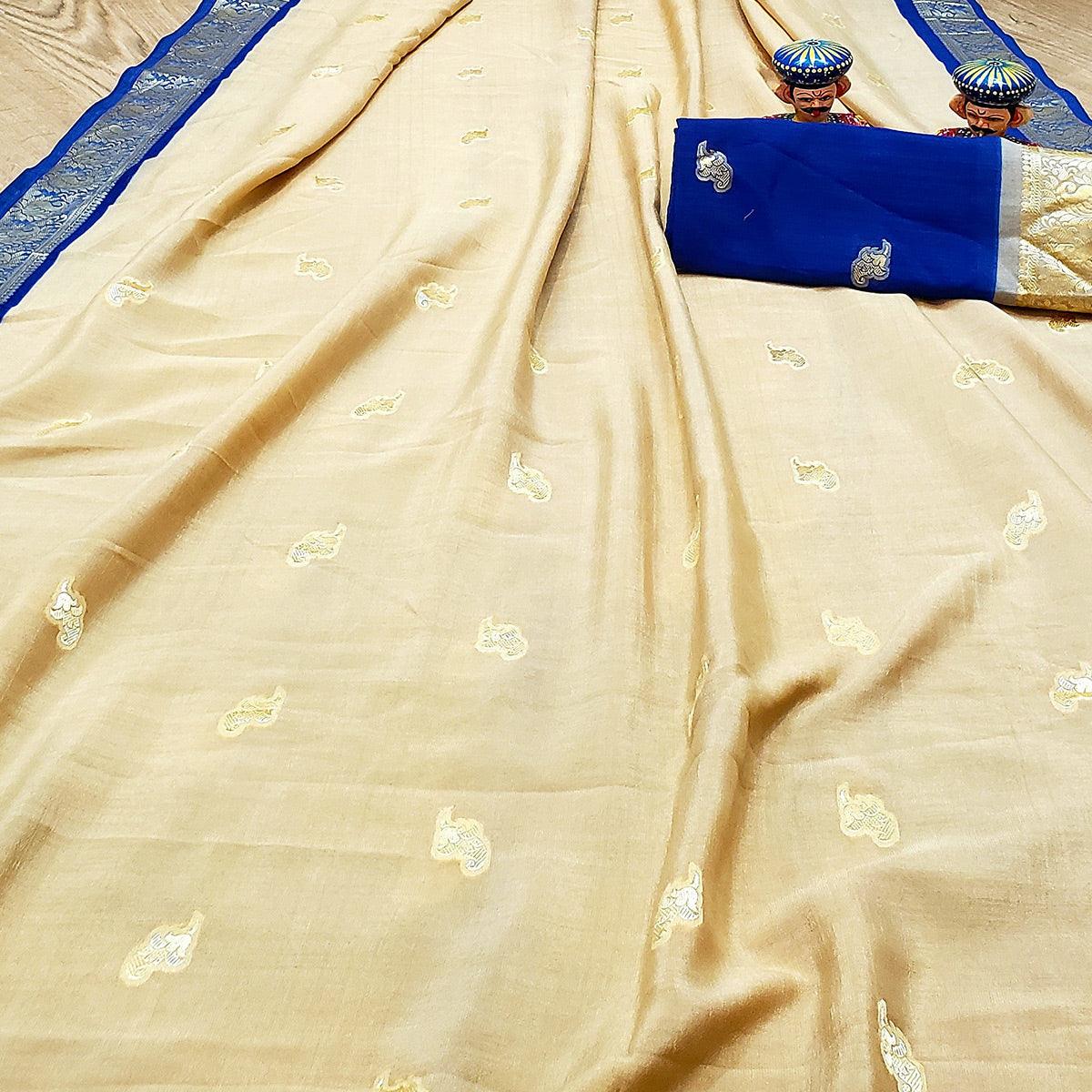 Mesmeric Beige Colored Festive Wear Woven Soft Vichitra Silk Saree