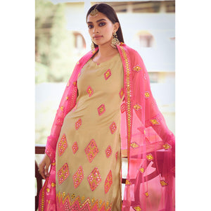 Mesmeric Beige Coloured Partywear Thread Foil Mirror Work Organza Pallazo Suit