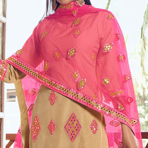 Mesmeric Beige Coloured Partywear Thread Foil Mirror Work Organza Pallazo Suit