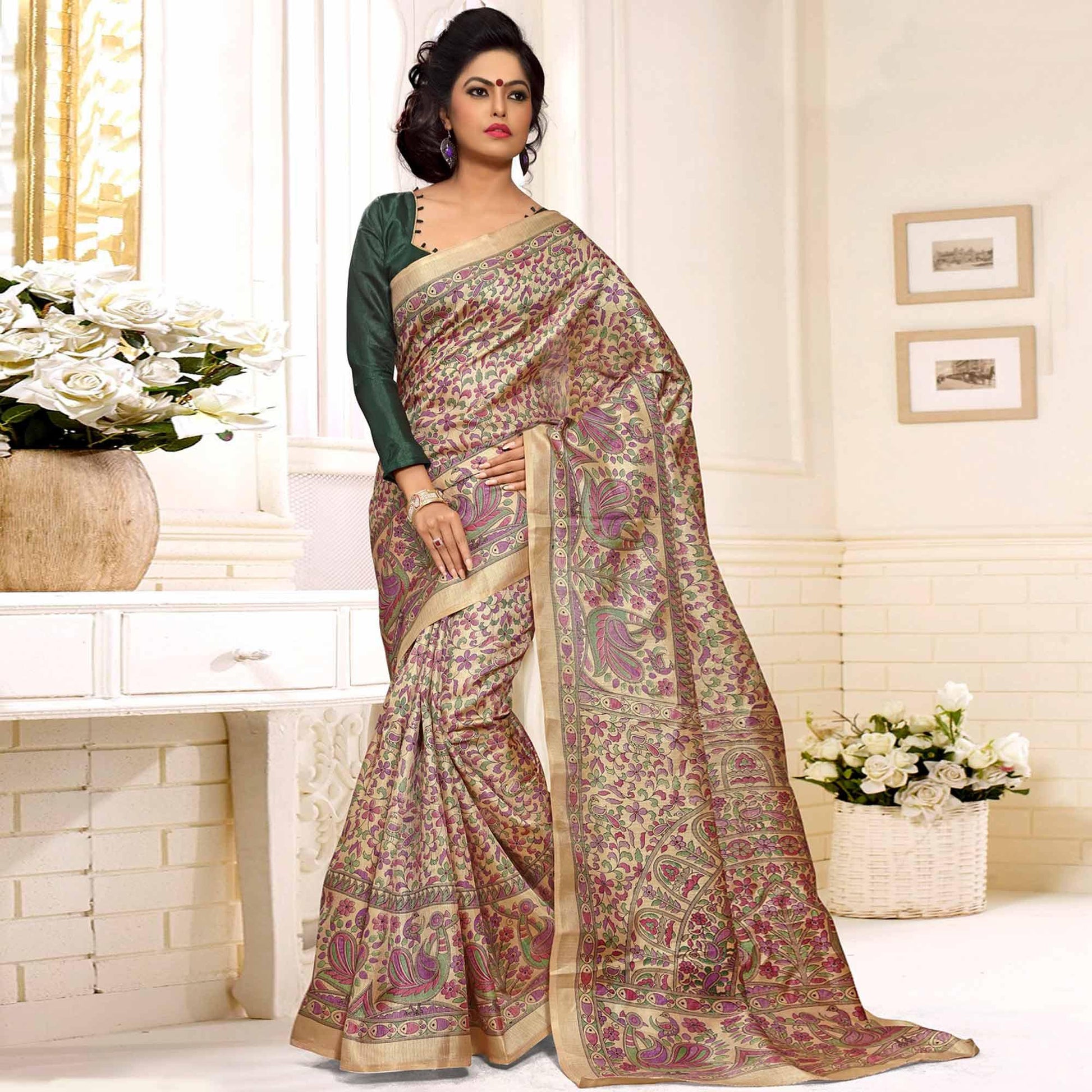 Mesmeric Beige-Green Colored Casual Madhubani Printed Cotton Silk Saree