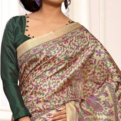 Mesmeric Beige-Green Colored Casual Madhubani Printed Cotton Silk Saree