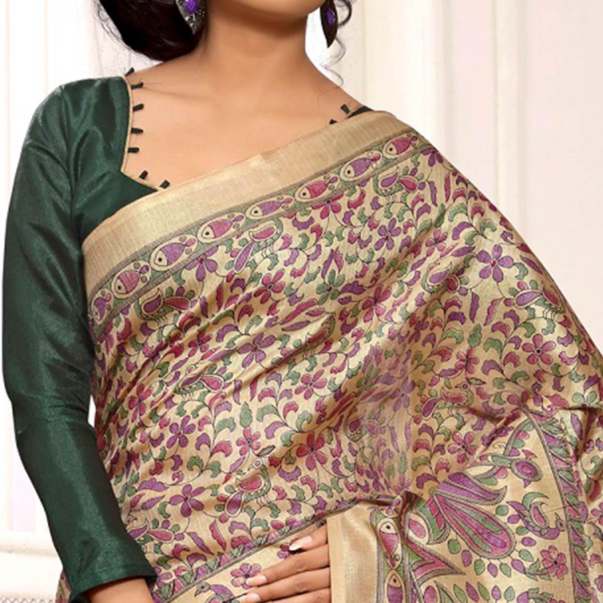 Mesmeric Beige-Green Colored Casual Madhubani Printed Cotton Silk Saree