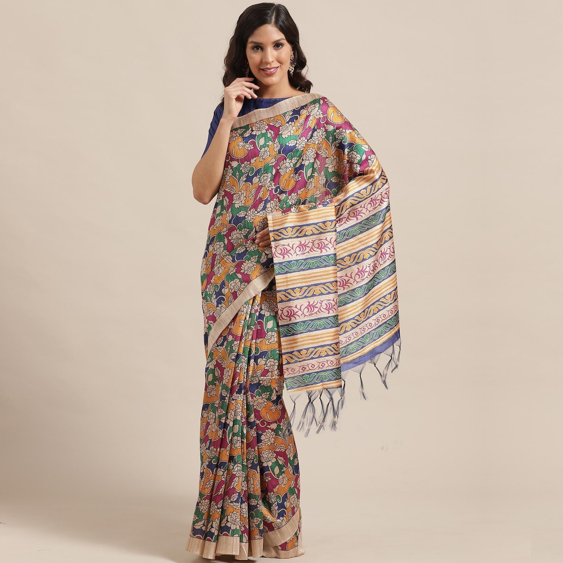 Mesmeric Beige-Multi Colored Casual Wear Floral Printed Silk Blend Saree With Tassels