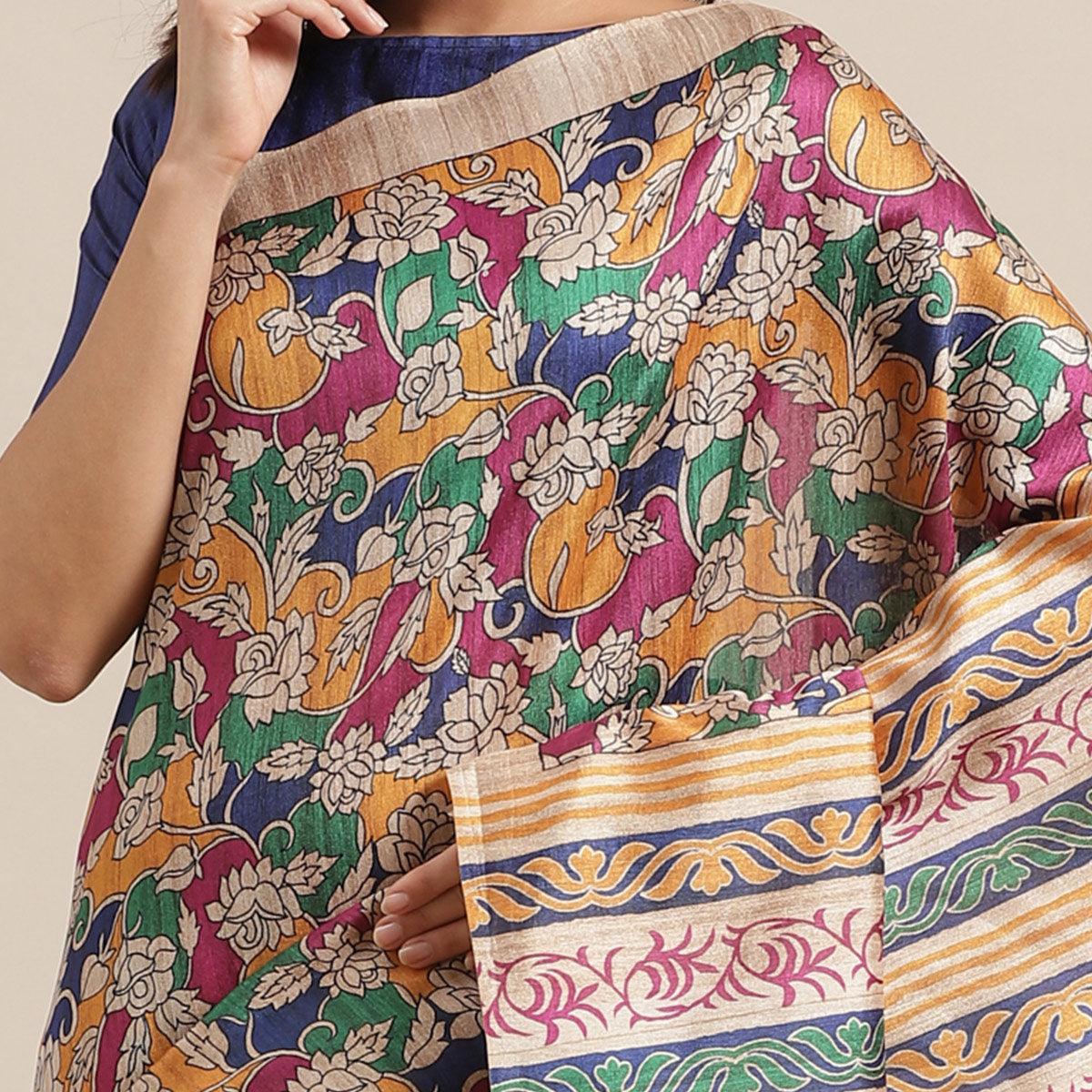 Mesmeric Beige-Multi Colored Casual Wear Floral Printed Silk Blend Saree With Tassels