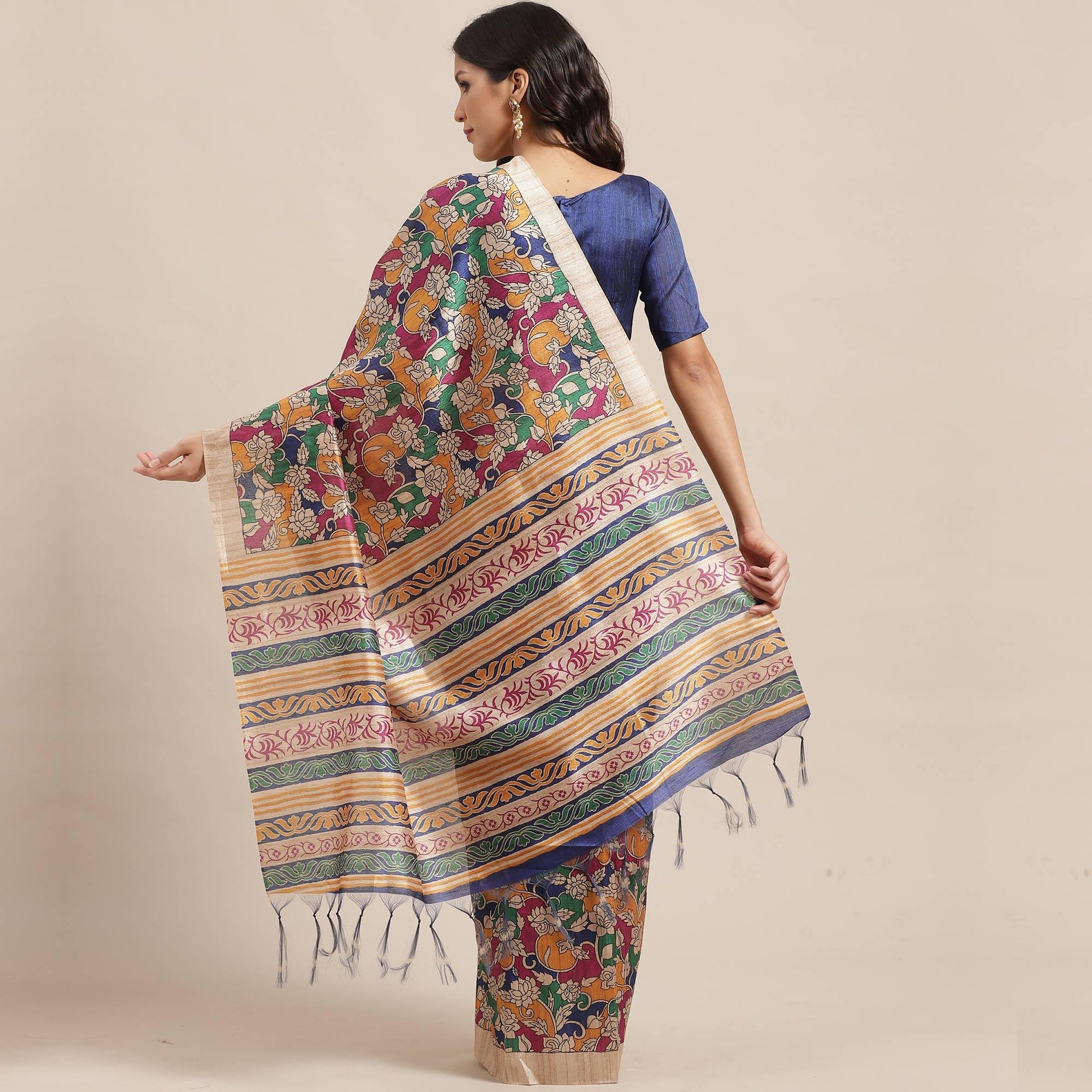 Mesmeric Beige-Multi Colored Casual Wear Floral Printed Silk Blend Saree With Tassels