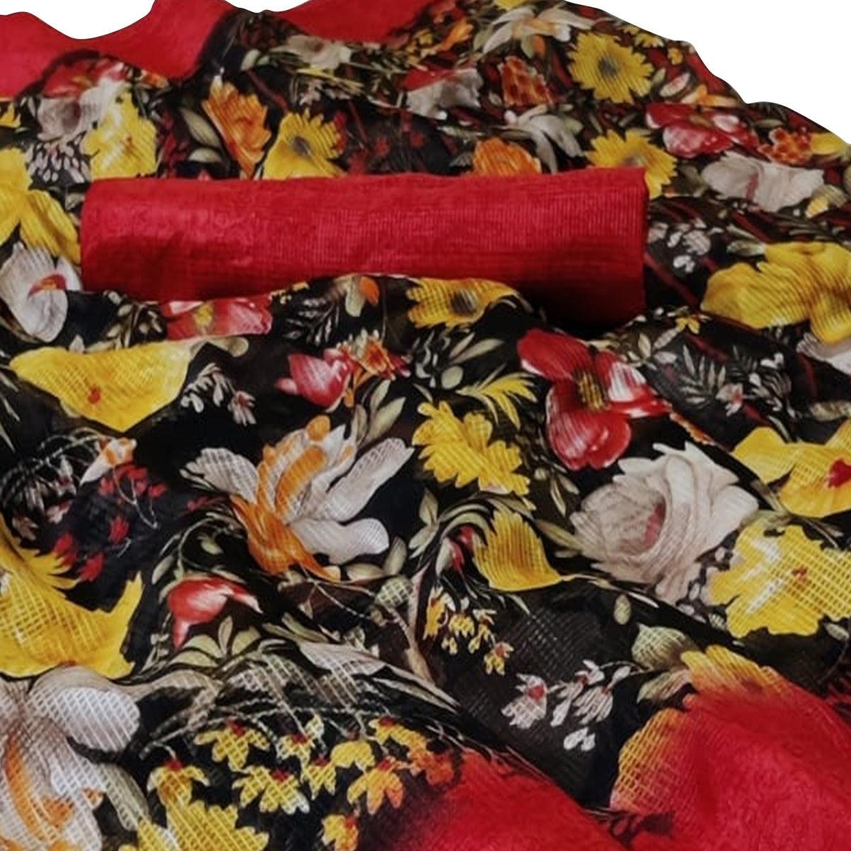 Mesmeric Black Colored Casual Wear Floral Printed Silk Saree