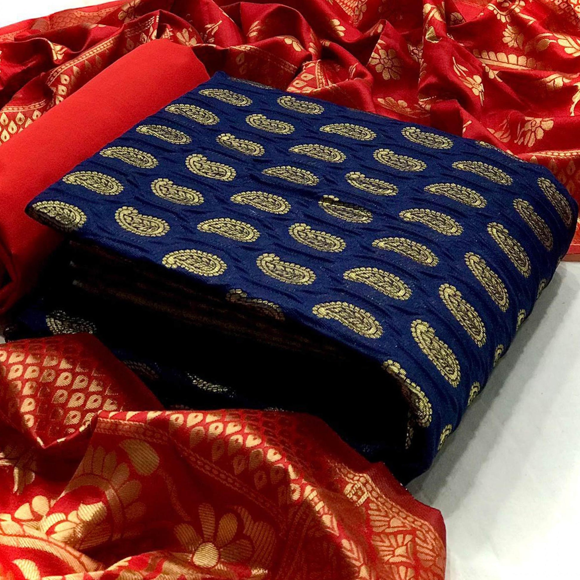 Mesmeric Blue Colored Casual Wear Woven Banarasi Silk Dress Material