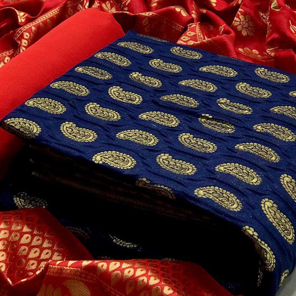 Mesmeric Blue Colored Casual Wear Woven Banarasi Silk Dress Material