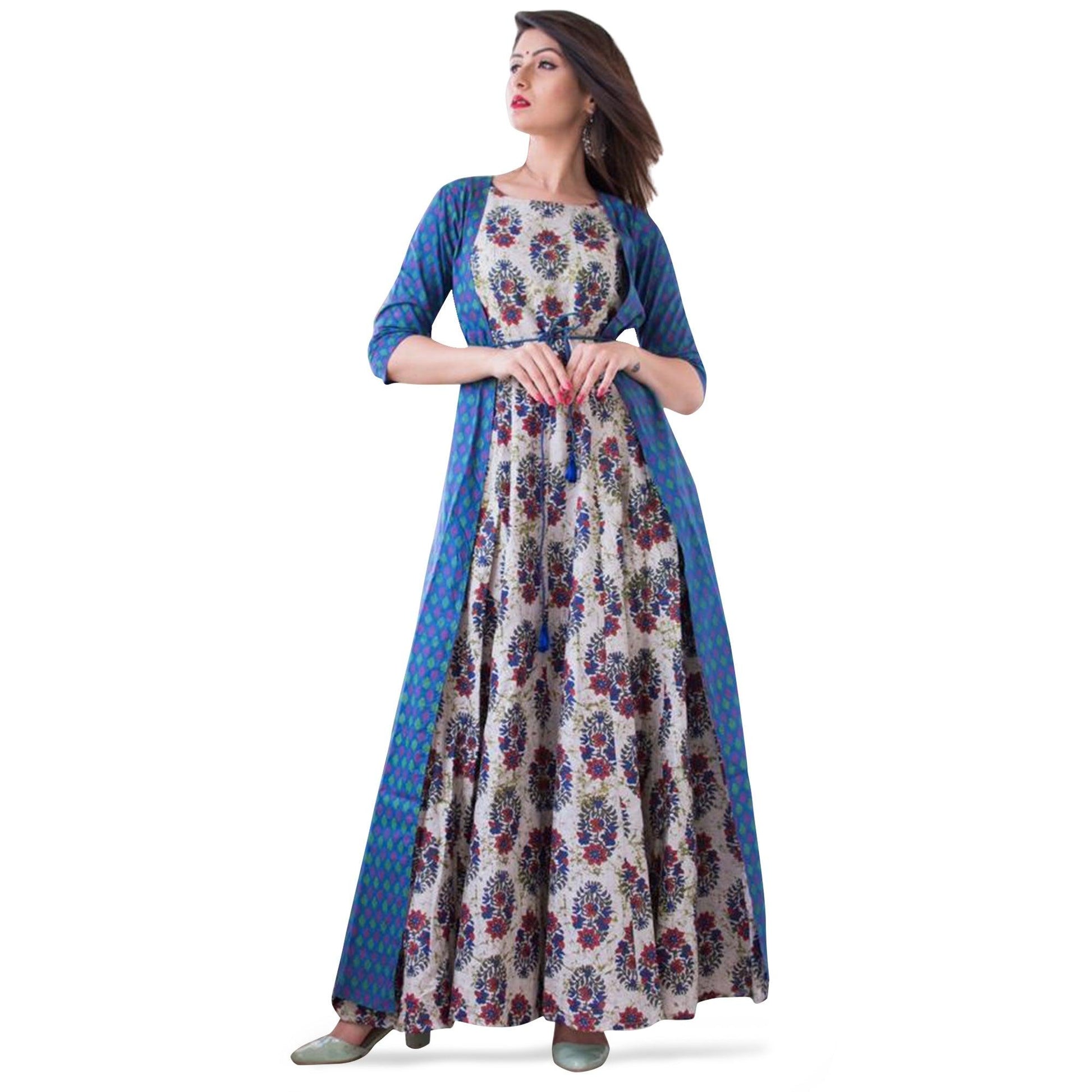 Mesmeric Blue-Multi Colored Casual Printed Muslin Jacket Style Gown