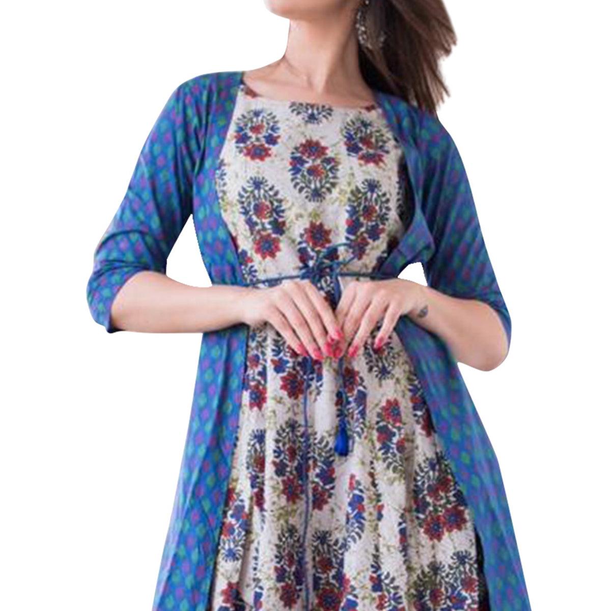 Mesmeric Blue-Multi Colored Casual Printed Muslin Jacket Style Gown