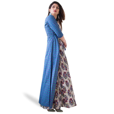 Mesmeric Blue-Multi Colored Casual Printed Muslin Jacket Style Gown