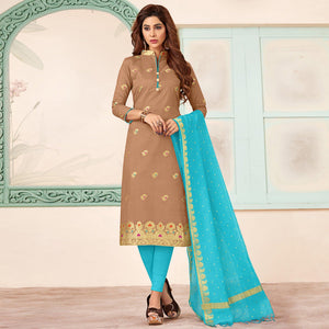 Mesmeric Brown Colored Casual Wear Woven Banarasi Silk Dress Material