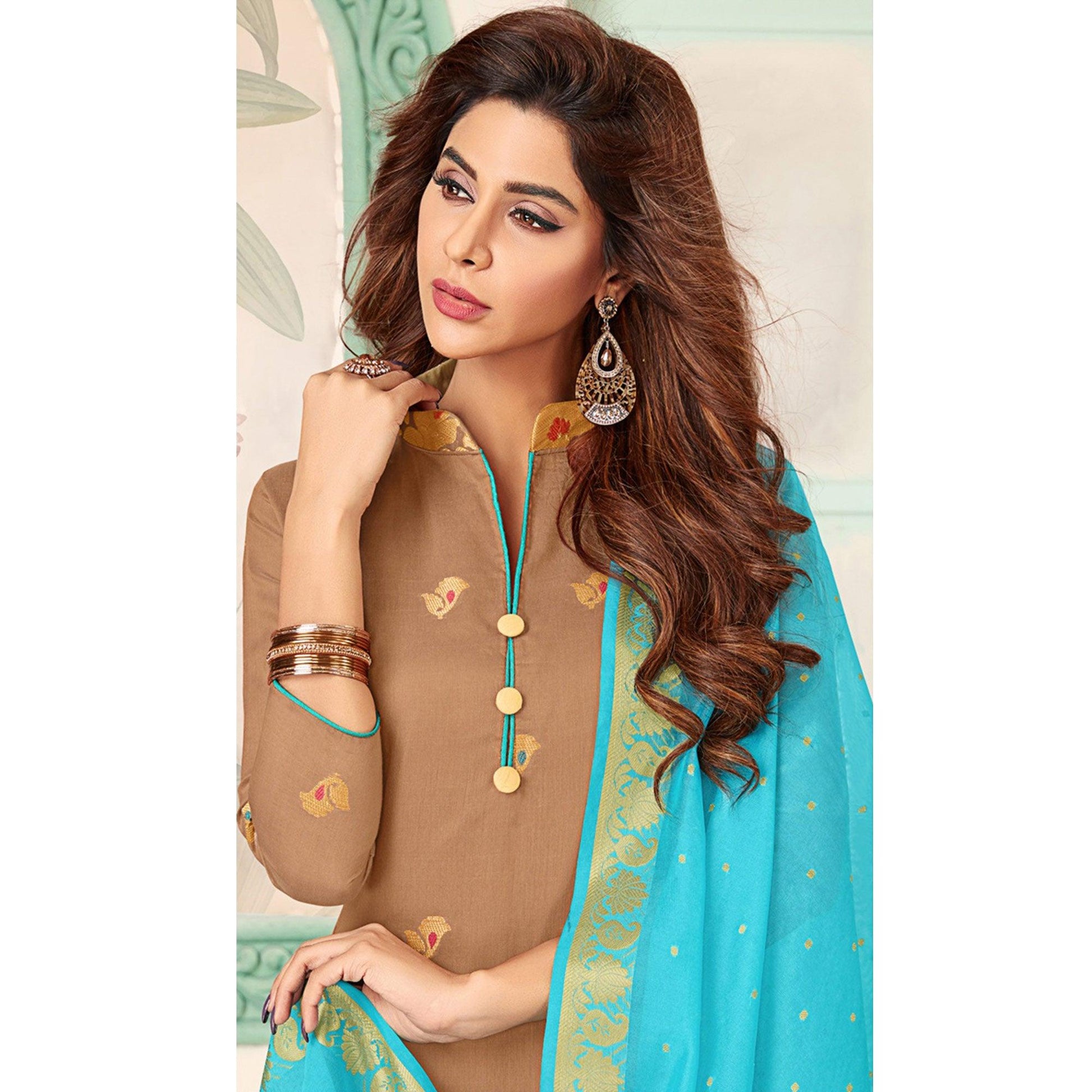 Mesmeric Brown Colored Casual Wear Woven Banarasi Silk Dress Material