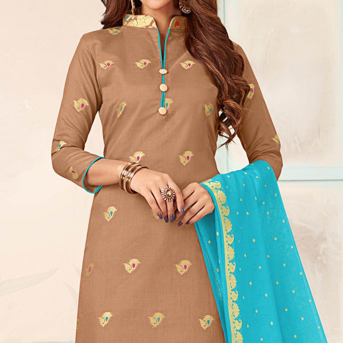Mesmeric Brown Colored Casual Wear Woven Banarasi Silk Dress Material