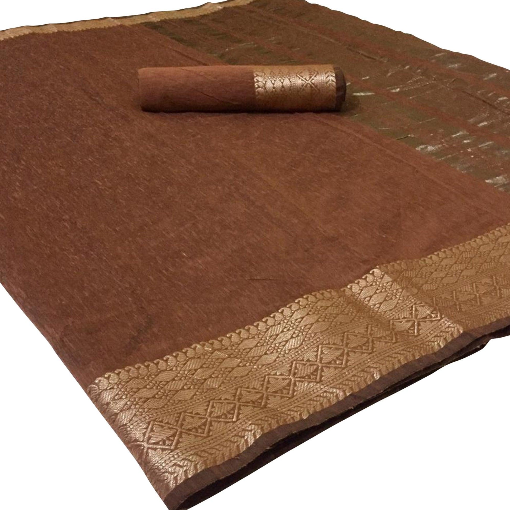 Mesmeric Brown Colored Festive Wear Woven Linen Saree