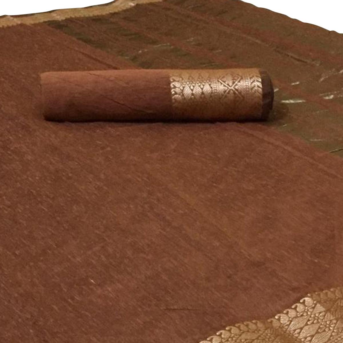 Mesmeric Brown Colored Festive Wear Woven Linen Saree