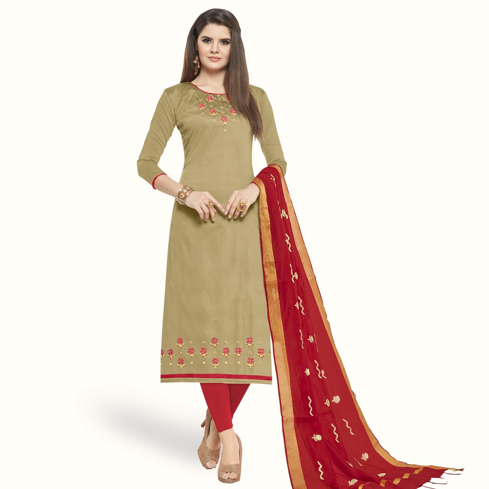 Mesmeric Chiku Colored Casual Wear Embroidered Cotton Dress Material