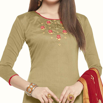 Mesmeric Chiku Colored Casual Wear Embroidered Cotton Dress Material