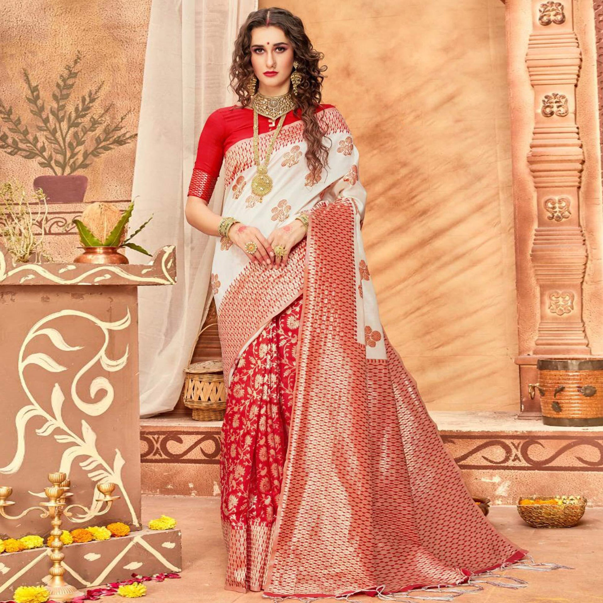 Mesmeric Cream & Red Colored Festive Wear Woven Silk Blend Saree With Tassels