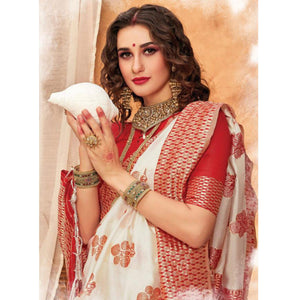 Mesmeric Cream & Red Colored Festive Wear Woven Silk Blend Saree With Tassels