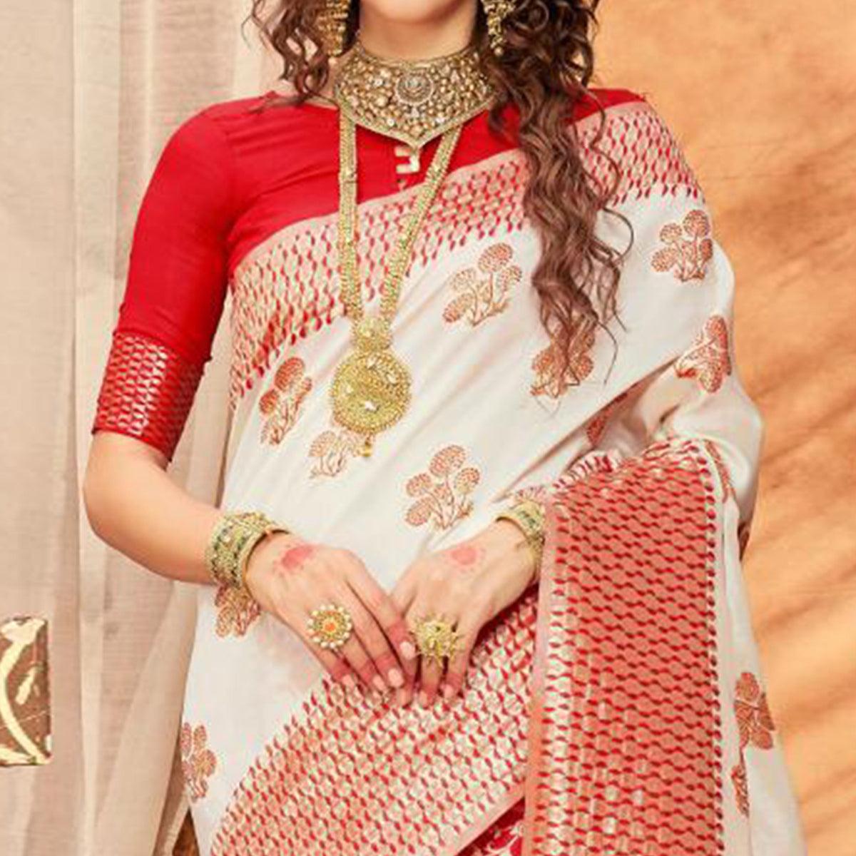 Mesmeric Cream & Red Colored Festive Wear Woven Silk Blend Saree With Tassels