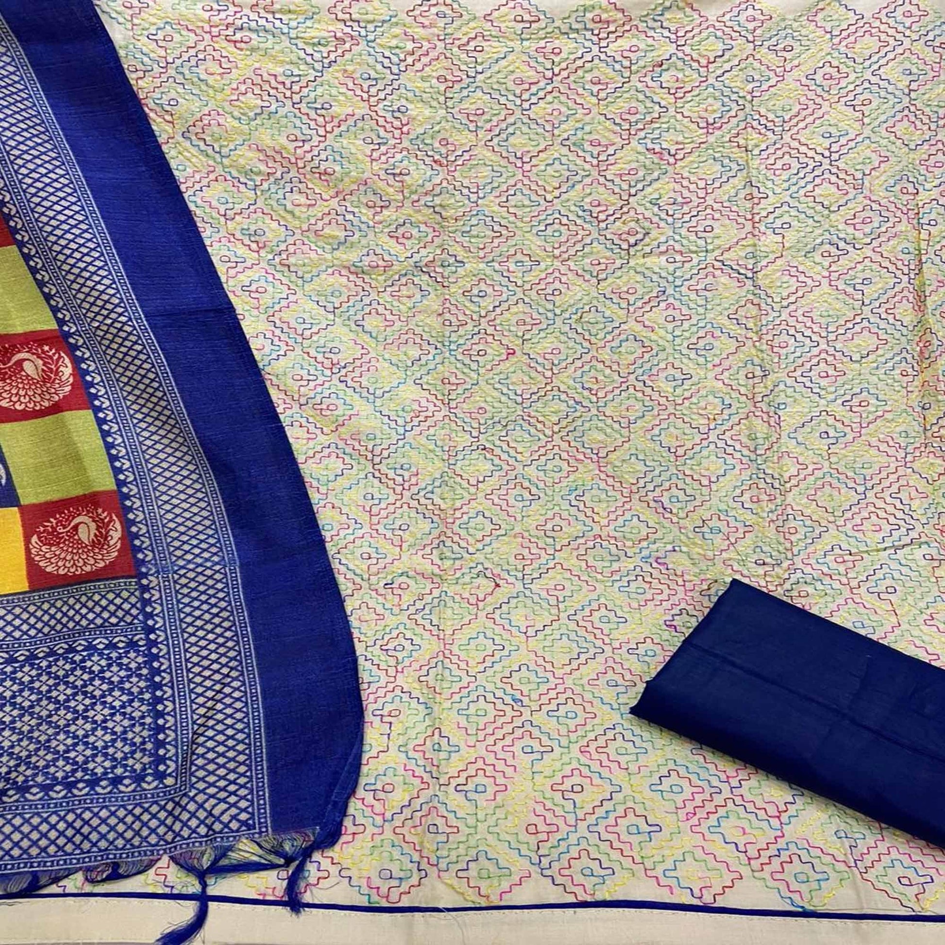 Mesmeric Cream - Blue Colored Casual Wear Embroidered Chanderi Dress Material