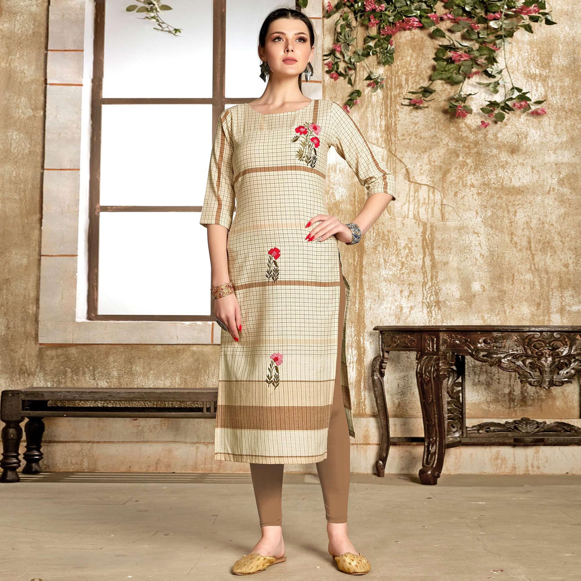 Mesmeric Cream - Chiku Colored Casual Wear Embroidered Pure Cotton Kurti