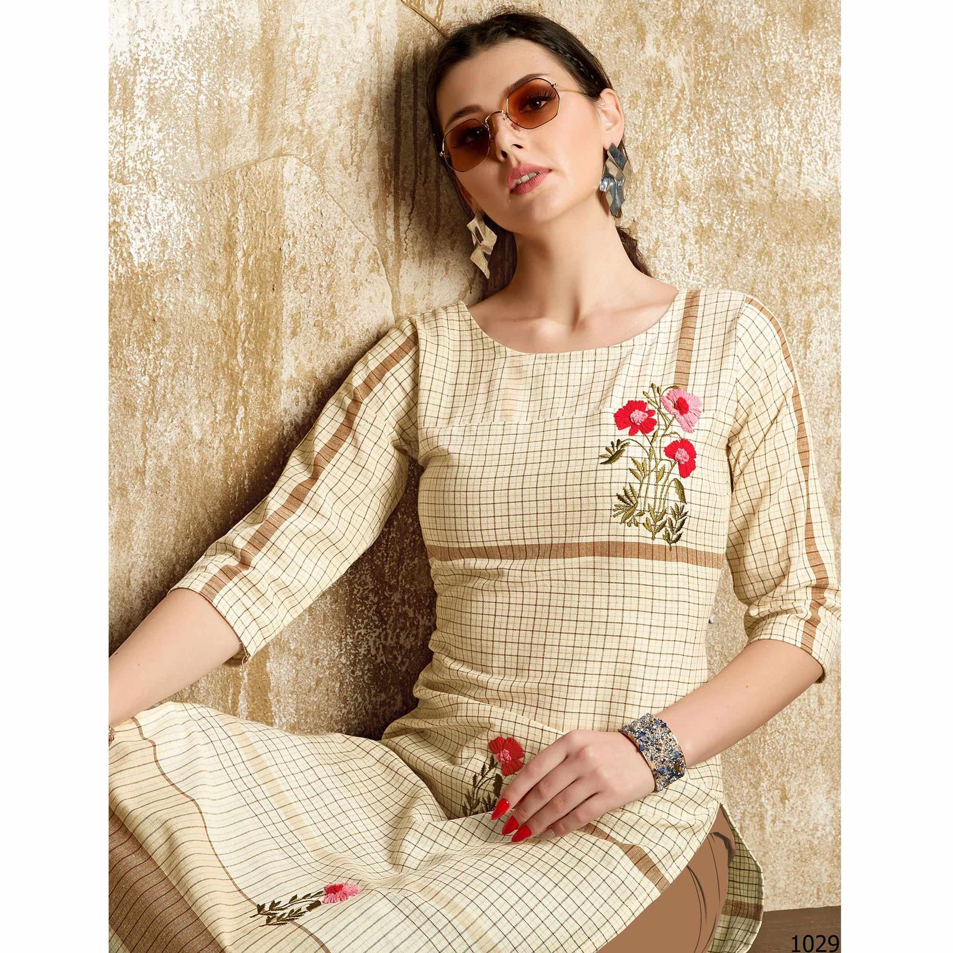 Mesmeric Cream - Chiku Colored Casual Wear Embroidered Pure Cotton Kurti