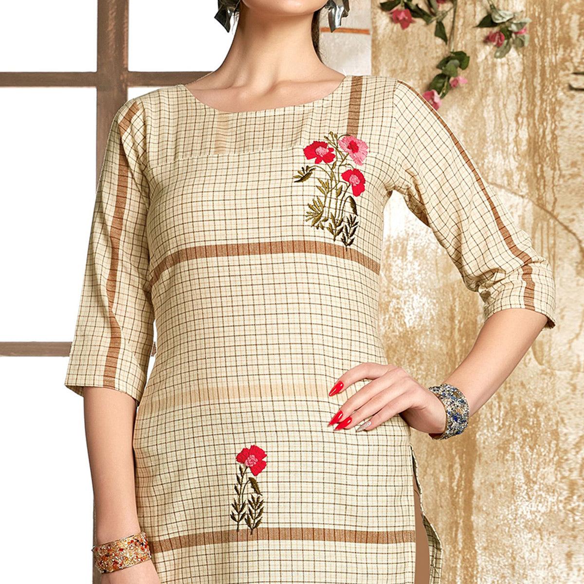 Mesmeric Cream - Chiku Colored Casual Wear Embroidered Pure Cotton Kurti