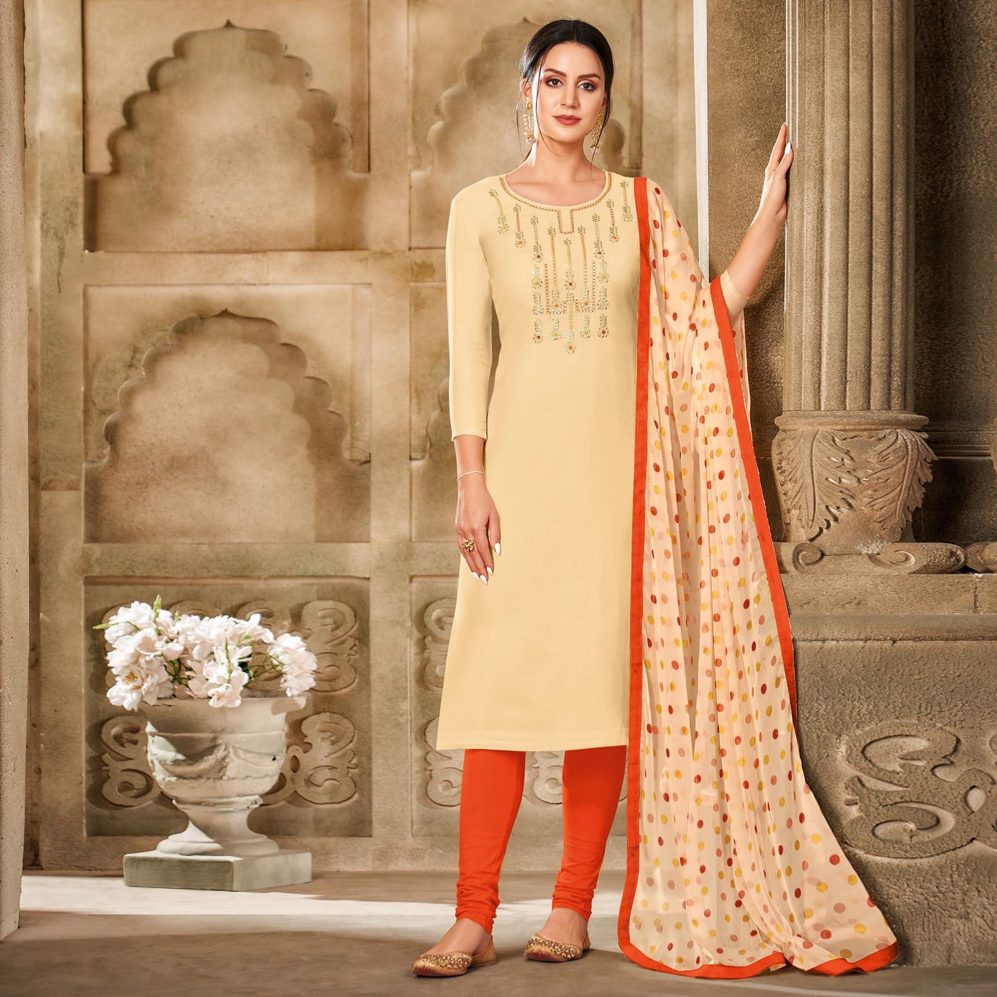 Mesmeric Cream Colored Casual Wear Embroidered Chanderi Dress Material
