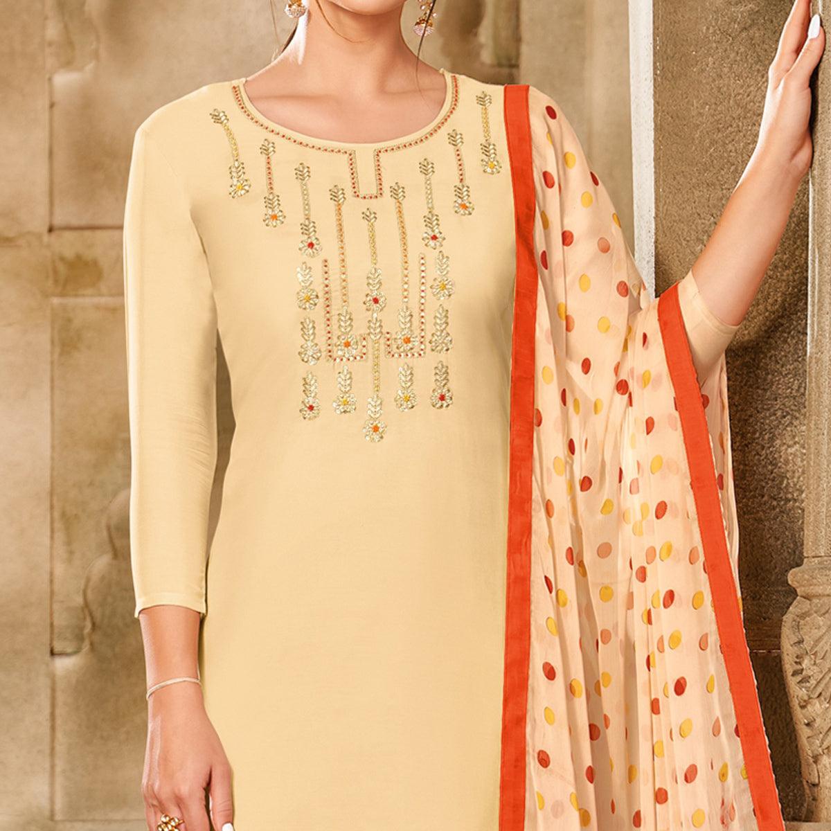 Mesmeric Cream Colored Casual Wear Embroidered Chanderi Dress Material