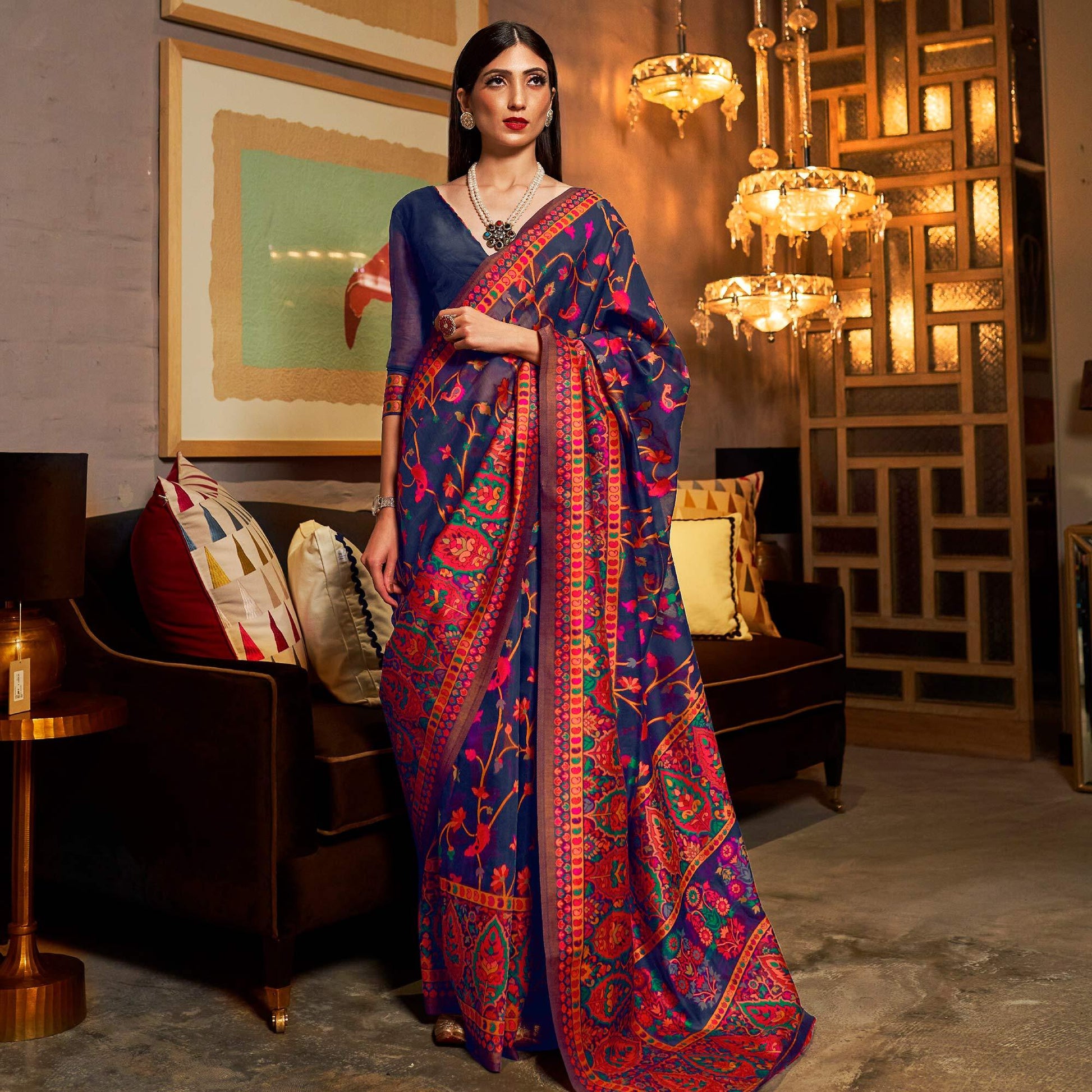 Mesmeric Dark Blue Colored Festive Wear Woven Chanderi Saree