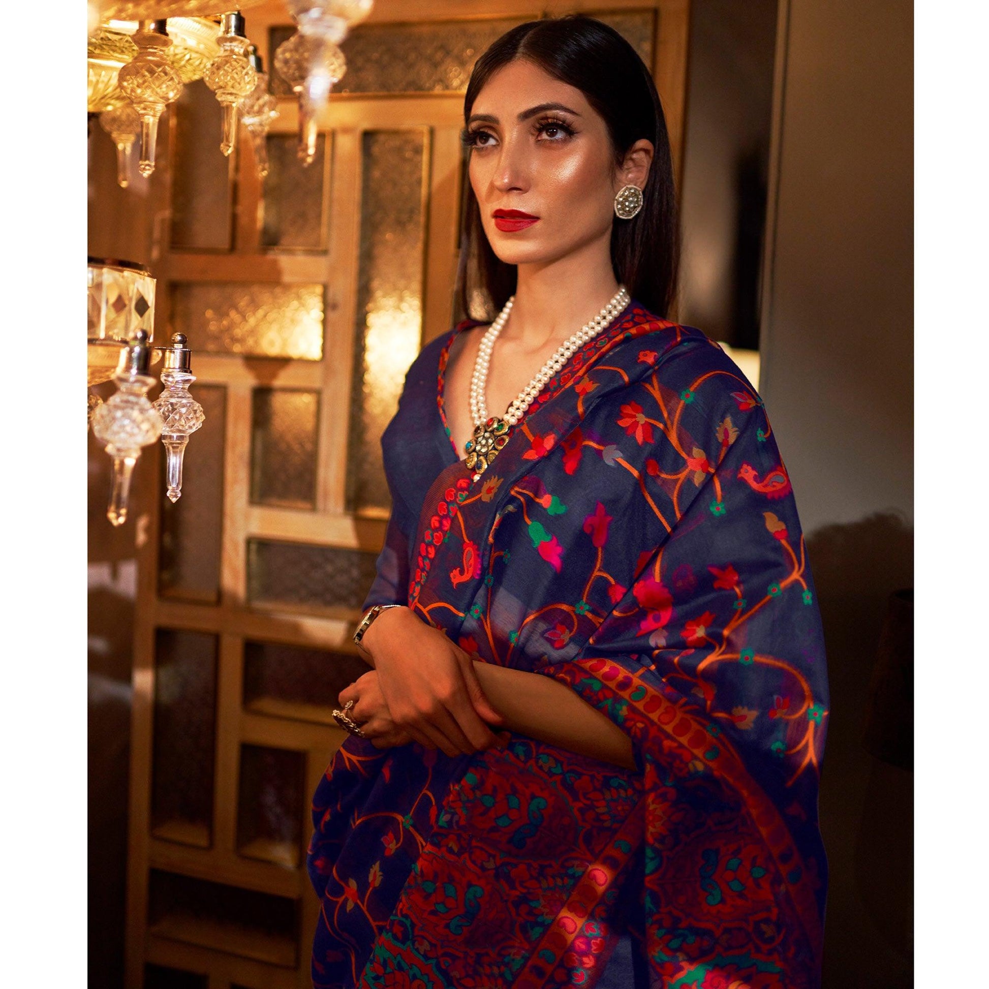 Mesmeric Dark Blue Colored Festive Wear Woven Chanderi Saree