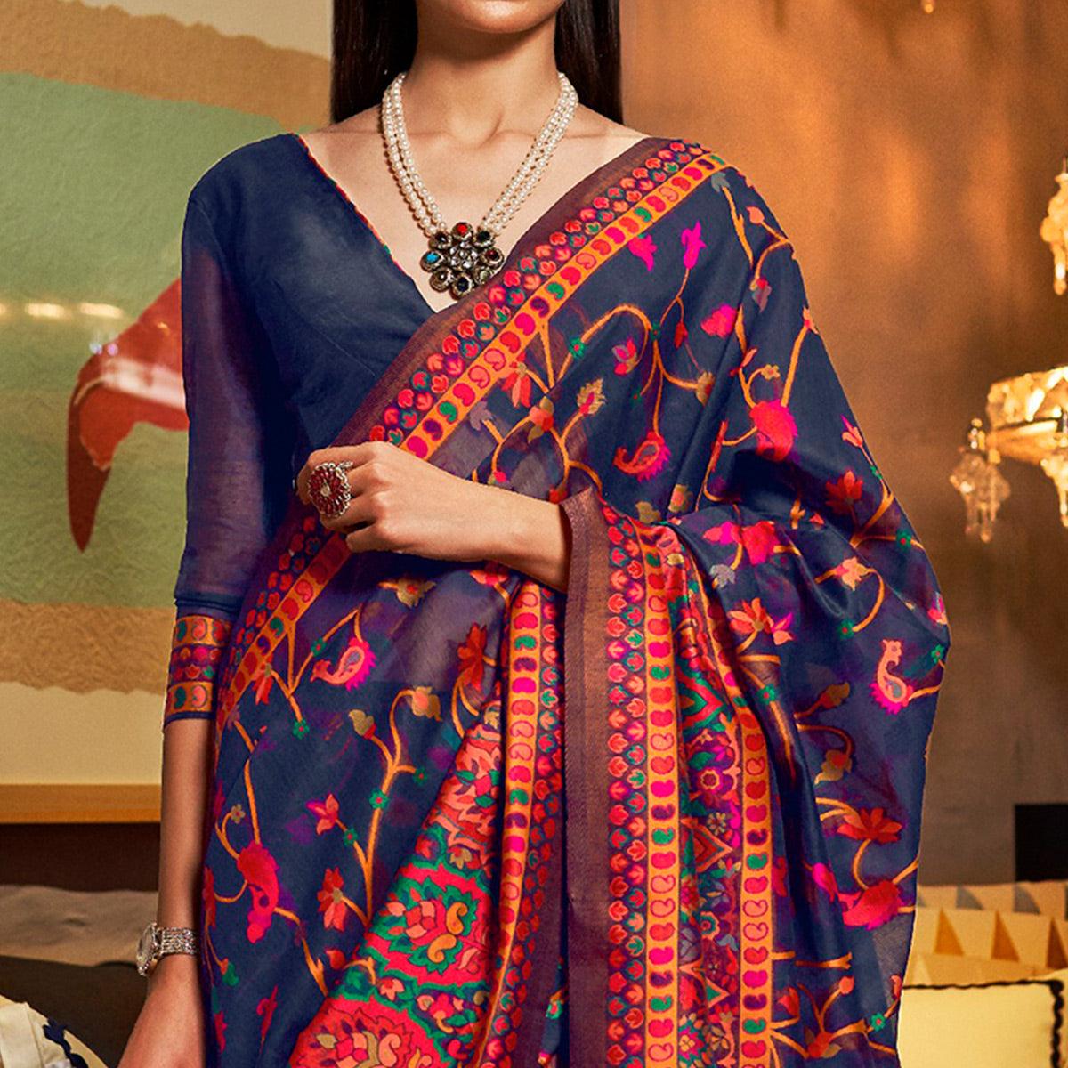 Mesmeric Dark Blue Colored Festive Wear Woven Chanderi Saree