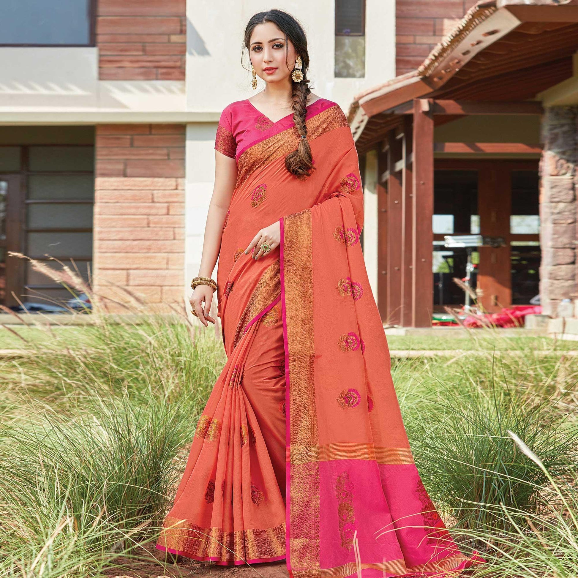 Mesmeric Dark Peach Colored Festive Wear Woven Cotton Handloom Saree