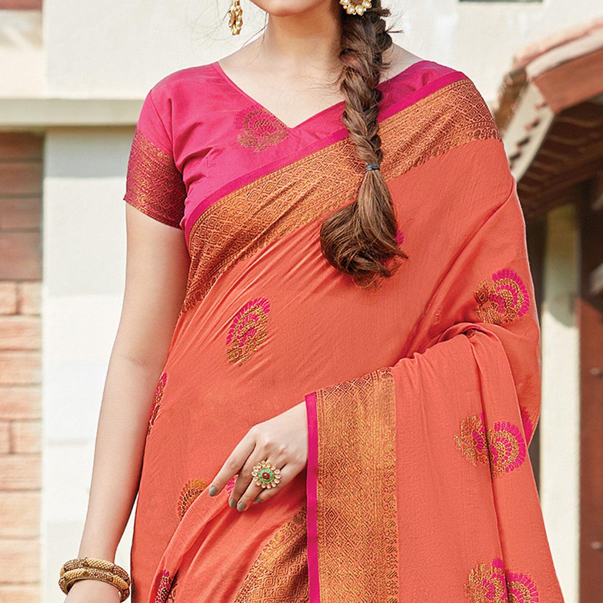 Mesmeric Dark Peach Colored Festive Wear Woven Cotton Handloom Saree