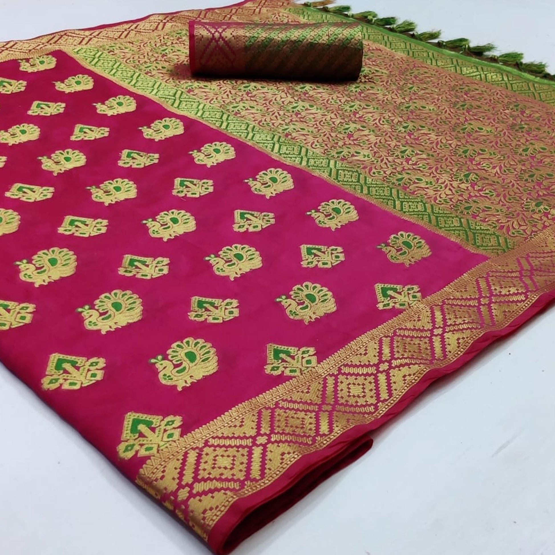 Mesmeric Dark Pink Colored Festive Wear Woven Cotton Saree