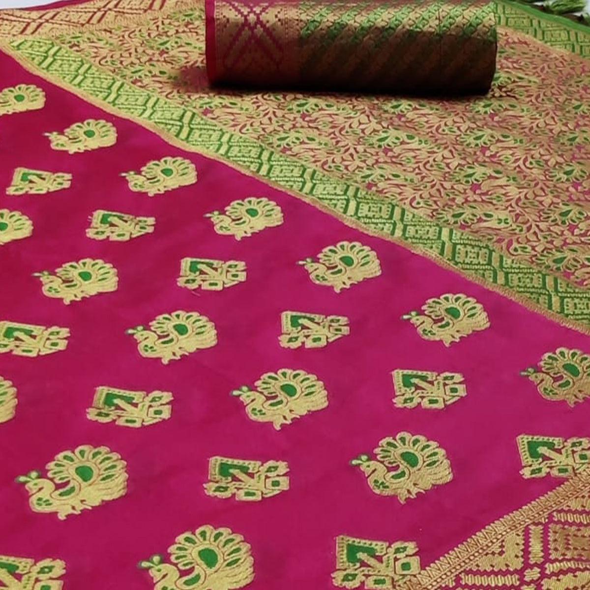 Mesmeric Dark Pink Colored Festive Wear Woven Cotton Saree