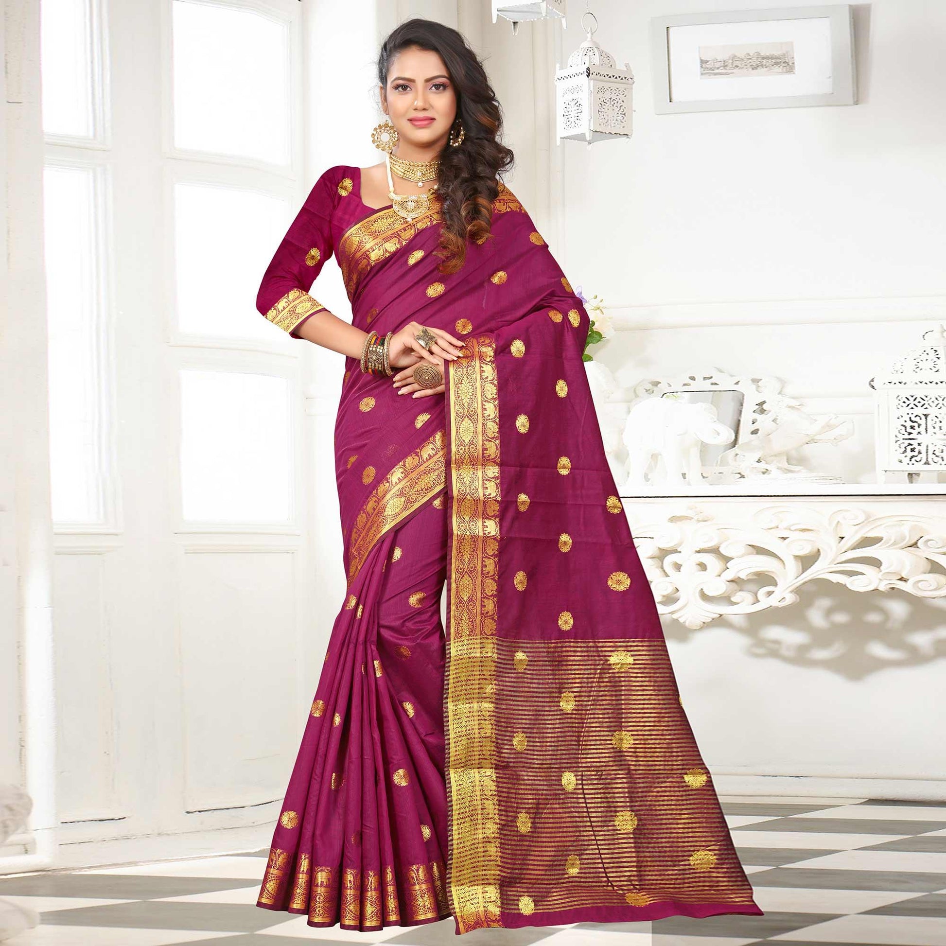 Mesmeric Dark Pink Colored Festive Wear Woven Cotton Silk Saree