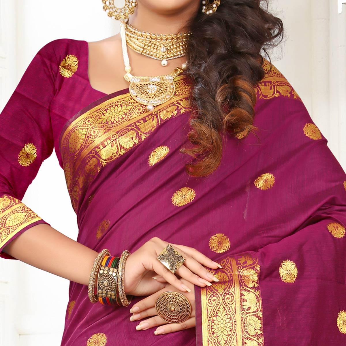 Mesmeric Dark Pink Colored Festive Wear Woven Cotton Silk Saree
