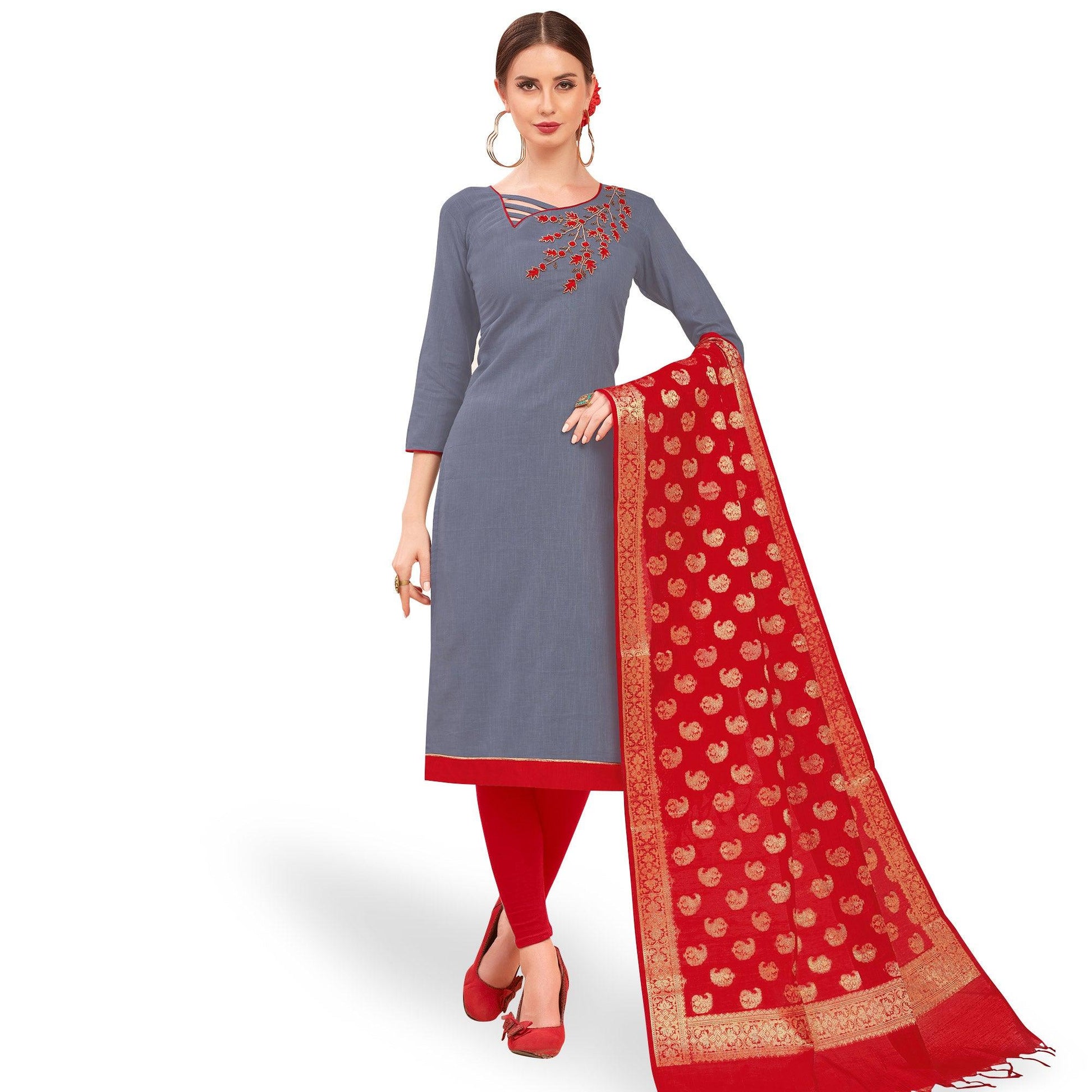 Mesmeric Gray Colored Casual Wear Embroidered Cotton Dress Material With Banarasi Silk Dupatta